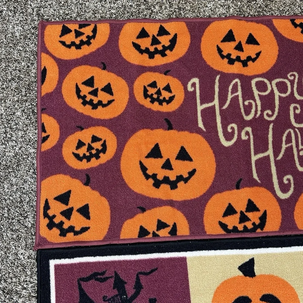 Lot of 2 Halloween Accent Rugs Doormats Pumpkins, Ghosts, Witch, Black Cat 45x26